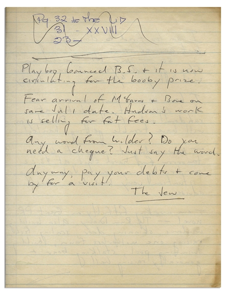 Hunter S. Thompson Autograph Letter Signed ''The Jew'' -- ''...am working fitfully on Great PR novel - The Rum Diary...Playboy bounced B.S. & it is now circulating for the booby prize...''
